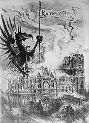 French Cartoon of Reims Cathedral bombarded by the German Army during World War I