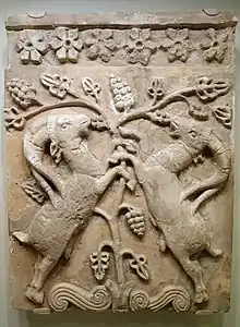 Confronted animals, here ibexes flank a  Tree of Life, from  Sasanian Iran (fifth or sixth-century AD) (Cincinnati Art Museum)