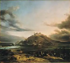 Painting shows a city which is dominated by a high hill topped by a castle. There is smoke, evidently from guns being fired. Soldiers are in the foreground.