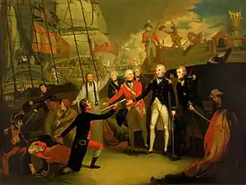 Nelson receives the surrender of the San José from her captain, the Spanish Admiral, Don Francisco Javier Winthuysen y Pineda lies mortally wounded on the deck