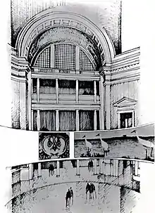 A sketch of a building with a screen showing footage of fauna