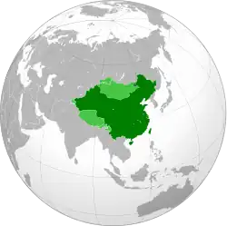 Land controlled by the Republic of China (1946) shown in dark green; land claimed but not controlled shown in light green.