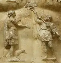 Detail of the central breastplate relief on the statue of Augustus of Prima Porta shows the return of the Aquilae lost to the Parthians. The return of the eagles was one of Augustus's notable diplomatic achievements.