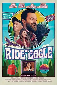 Theatrical release poster featuring two men and one woman, all smiling, alongside a dog. Small images can also be seen of an eagle, a road sign, a tape recorder, a backpack, a canoe, and a woman inside a television screen.