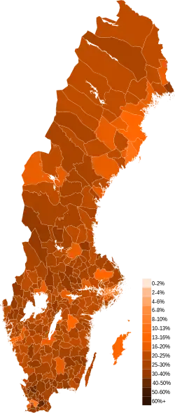 2022: The party's share of the vote by municipality (darker shades indicate a higher percentage of votes)