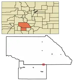 Location of the Town of Center in Saguache and Rio Grande counties, Colorado.