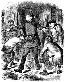 Drawing of a blind-folded policeman with arms outstretched in the midst of a bunch of ragamuffin ruffians