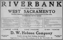 Newspaper advertisement for Riverbank, "The First Subdivision of West Sacramento", by D.W. Hobson Company