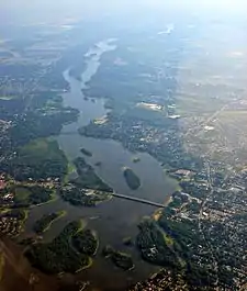 Aerial view of Mille Îles River with the Pont Marius-Dufresne in the foreground.