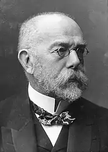 Robert Koch (1843-1910) known for his founding, with Pasteur, of modern bacteriology, the father of medical bacteriology., and providing proofs for the scientific basis of public health.