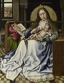 Netherlandish, before 1430.  A religious scene where objects in a realistic domestic setting contain symbolism. A wicker firescreen serves as a halo.