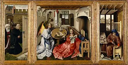 At work in the Mérode Altarpiece, 1420s, attributed to Robert Campin and his workshop