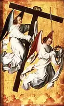 Painting of two winged figures carrying various implements