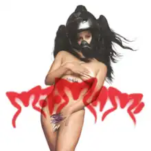 A full body portrait of Rosalía wearing a helmet with the shield up and covering her nudity. The image background is white and the album title, printed in red letters, is featured in the centre.