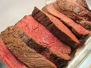 Roast beef gets its distinctive pink color from myoglobin, which gradually turns from red to pink to brown (rare to medium to well-done) when heated.