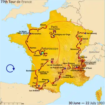 Map of France with the route of the 1990 Tour de France