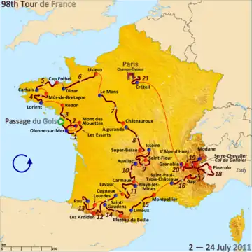 Map of France showing the showing the path of the race.