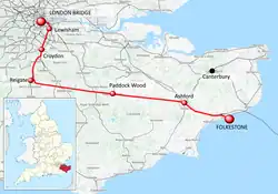 Map showing the route from London Bridge to Folkestone