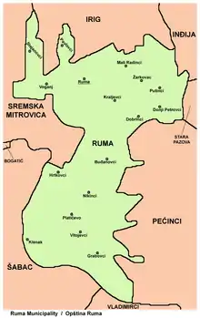 Map of the Ruma municipality, showing the location of Putinci