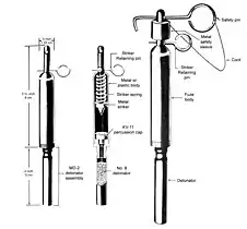 Military boobytrap firing device from USSR (normally connected to a tripwire) showing integral striker. The detonator on the end is inserted into a block of explosive e.g. Semtex