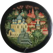 Lacquered box with a Kholuy miniature, depicting the town of Suzdal