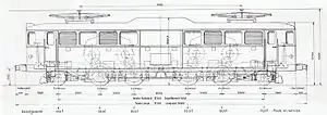 Side view, general arrangement drawing, showing the internal placement of the central transformer and paired traction motors above each of the four axles.