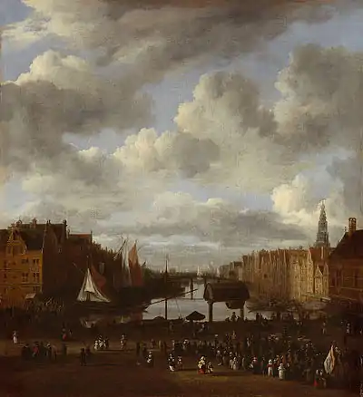 Painting of a city scene with a river