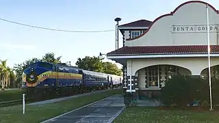 Seminole Gulf Railway Christmas Rail-Boat at Punta Gorda Depot in 2019.