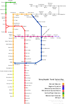 Color-coded lines on an outline map illustrating relative positions of existing and planned routes as described in the text