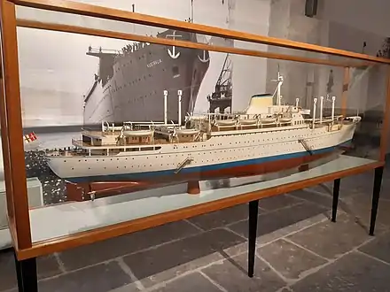 SS Australia (1950), one of the "Lloyd Triestino trio" liners for the Australia route. Model in Trieste Maritime Museum.