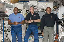 STS-129 crew commander, Robert Satcher and Leland Melvin in Node 2 of the International Space Station