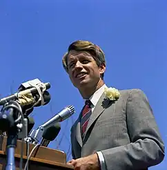 Robert F. Kennedy addresses the crowd at San Fernando Valley State College in 1968