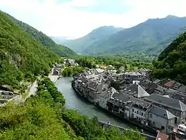 The Garonne river and the village of Saint-Béat