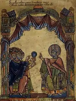 St Albinus of Angers at the Council of Orleans (12th century).