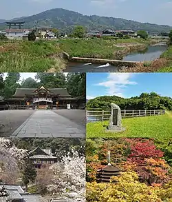 Top:A panorama view of Mount Miwa and Yamato River,  Second:Ōmiwa Shrine, 
A heritage site of Hashihaka Tomb, Bottom:Hase Temple, Tanzan Shrine (all item from left to right)