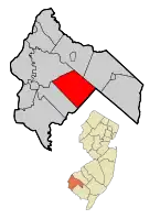 Alloway Township highlighted in Salem County. Inset map: Salem County highlighted in the State of New Jersey.