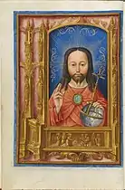 Unknown artist, miniature from a Flemish book of hours (Bruges), Salve Sancta Facies, Christ as Salvator Mundi (c. 1510) Fitzwilliam Museum, Cambridge (Ms 15677, fol. 13v).