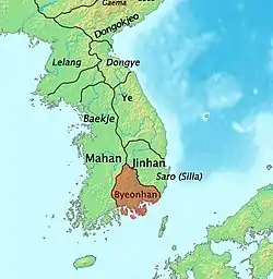 The Korean peninsula in the 1st century, Byeonhan shaded in red.