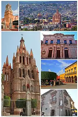 From top to bottom:Left: - Inmaculada Concepcion Temple- San Miguel de Allende CathedralRight: - Panorama view of Cathedral and downtown San Miguel de Allende- Angela Peralta Teather- Allende Garden Park- San Miguel de Allende Historic Museum