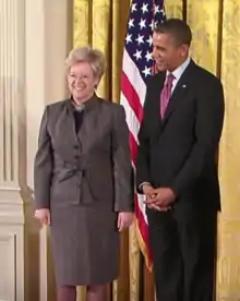 Dr. Sandra Faber as a National Medal of Science laureate for 2011. At the presentation ceremony with President Barack Obama of the U.S.A. in 2013.