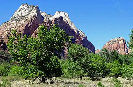 Mount Majestic, upper left, from the south.(Cathedral Mountain center, Angels Landing right)