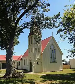 Old church framed by trees