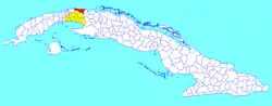 Santa Cruz del Norte municipality (red) within  Mayabeque Province (yellow) and Cuba