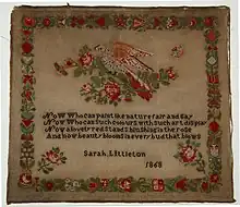 Cross-stitch sampler by Sarah Littleton, 1868