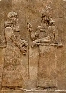 Sargon II and dignitary. Low-relief from the L wall of the palace of Sargon II at Dur Sharrukin in Assyria (modern-day Khorsabad in Iraq), c. 716–713 BC.