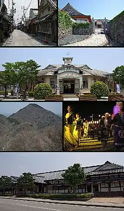 Top left: Kawaramachi-Tsumairi traditional houses preservation area, right: Sasayama Castle Site
Second row: Taisho Roman Hall, former Sasayama Town Hall
Third row left: Mount Mitake in Taki mountain range, right: Dekansho Bon Odori in August
Bottom: Sasayama Historical Museum