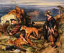 A Scottish Highlands hunting scene with a lord, a lady, a child, a gillie (all in tartan), two dogs, a horse, and two slain deer