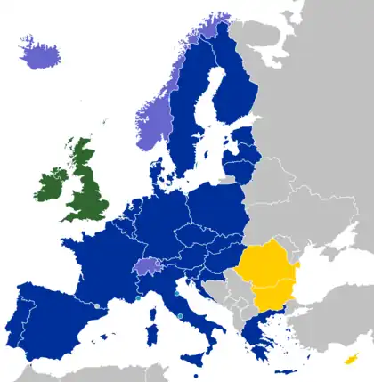 labelled map of Europe showing Schengen Area