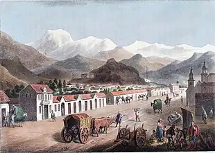 The colonial La Cañada neighborhood in Santiago de Chile, in 1821, by Scharf and Schmidtmeyer. John Carter Brown Library.