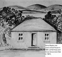 Sierra Madre, Ca one-room school house in 1881, at the corner of Hermosa and Grove Grove. Grove Grove was called Live Oak in 1881. Starting in 1882 on Sunday the school house was used by First Congregational Church of Sierra Madre founded by Mrs. Annetta M. Carter, wife of the city founder Nathaniel Coburn Carter. A pump organ played by  W.S. Andrews and hymn books were take to the school each Sunday till the Church moved to the original 1887 Sierra Madre City Library on Central Ave in 1889, renamed Sierra Madre Blvd in 1936. Then the original 1895 Sierra Madre Town Hall at Baldwin and Central Ave, then to the second Sierra Madre School house, on the northwest corner Baldwin and Central, just north of Kersting Court and in 1896 to the Old North Church.